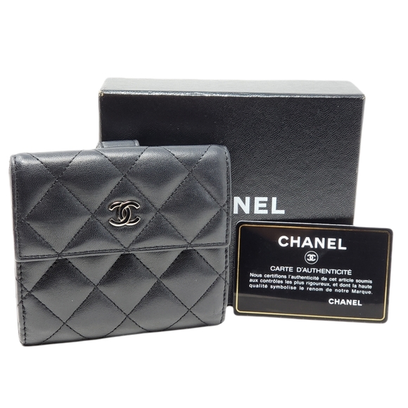 CHANEL Handbags - Auth Chanel Compact Wallet Black Lambskin Wallet